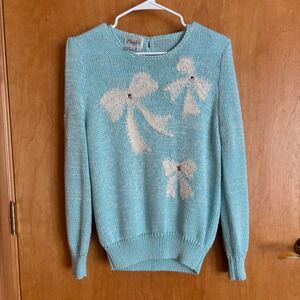 Vintage Christine Angora Blend‎ Bows Rhinestone Sweater Blue Knit Size Small